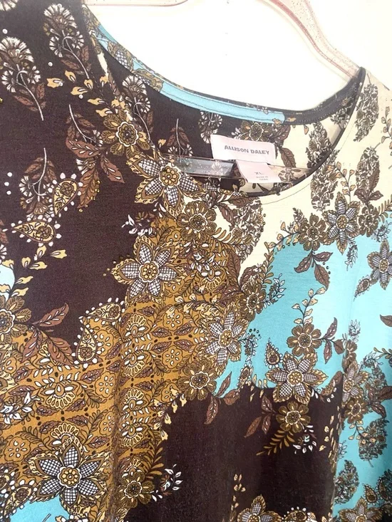 Allison Daley XL Turquoise Brown Floral Patchwork Long Sleeve Top Rhinestones - Picture 2 of 6